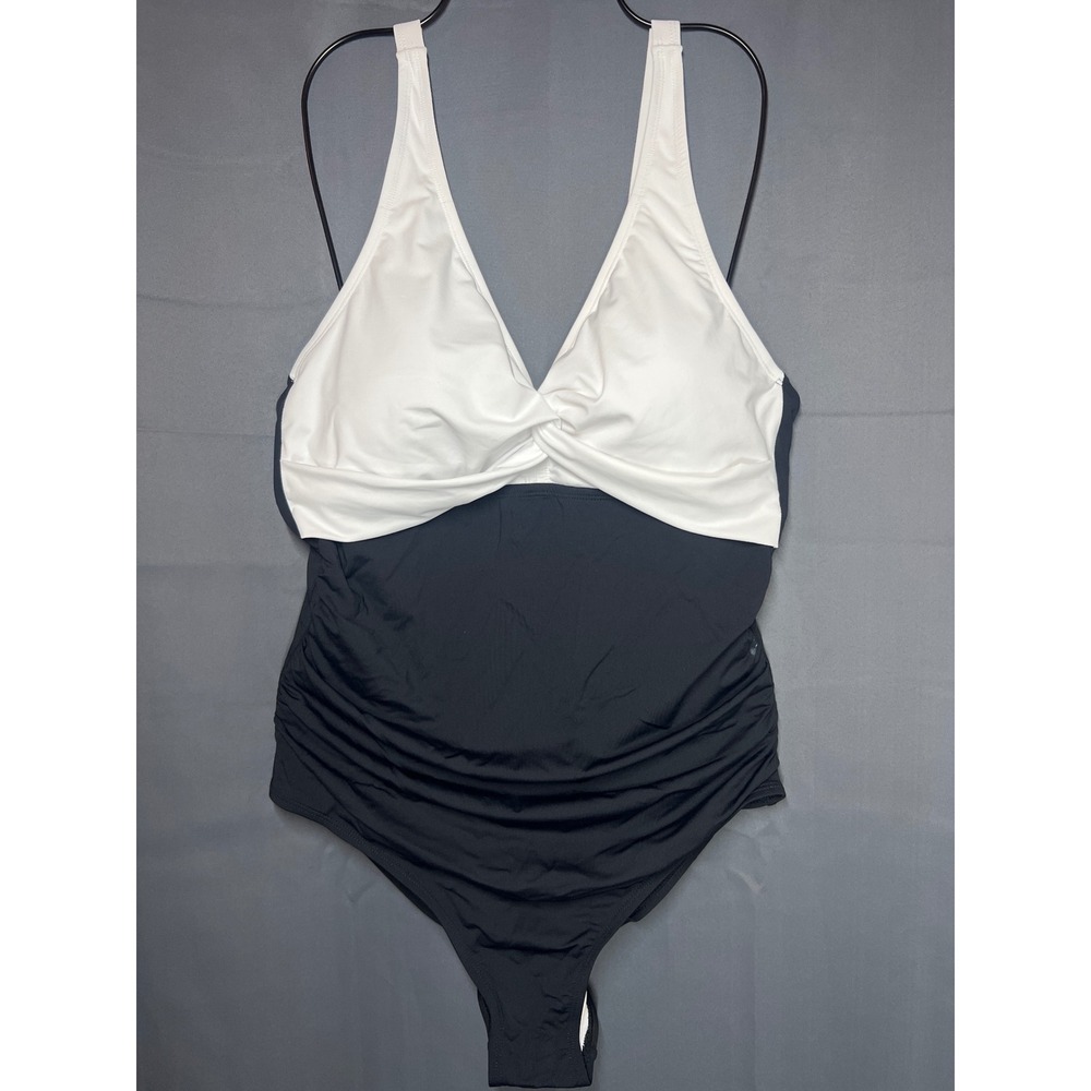 Holipick Colorblock Twist Front Ruched One Piece Swimsuit Black White XXL